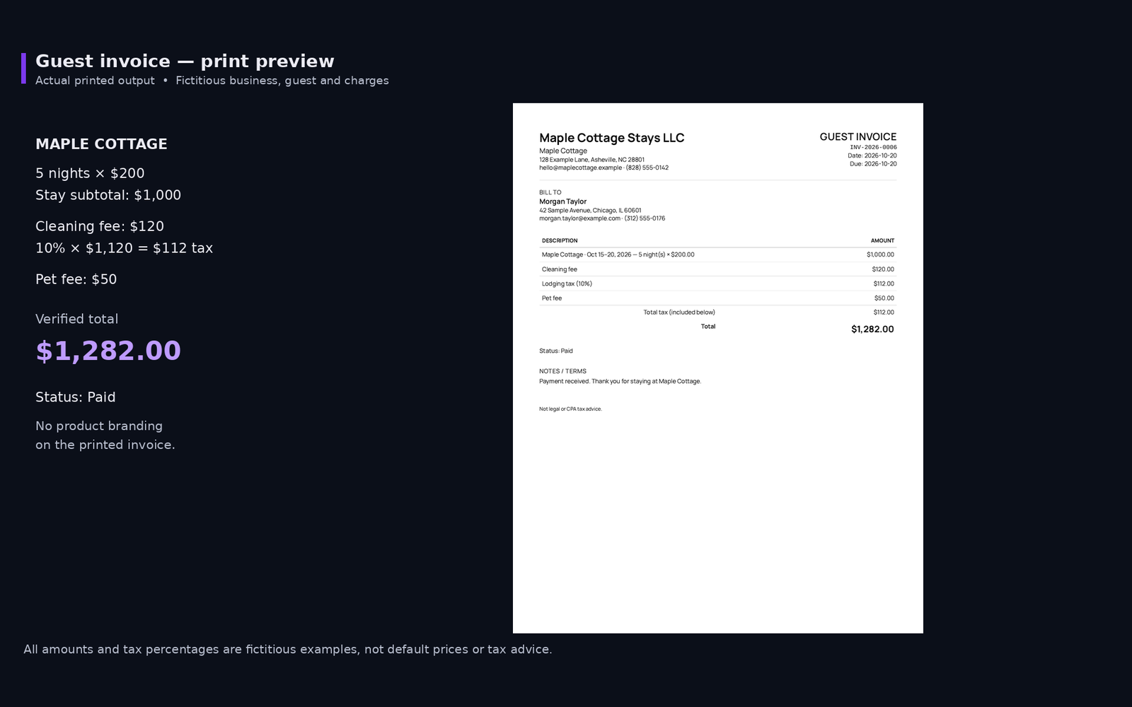 Print preview of a guest invoice from Maple Cottage Stays LLC with nightly rate, cleaning fee, lodging tax, pet fee and a total of $1,282.00, marked paid
